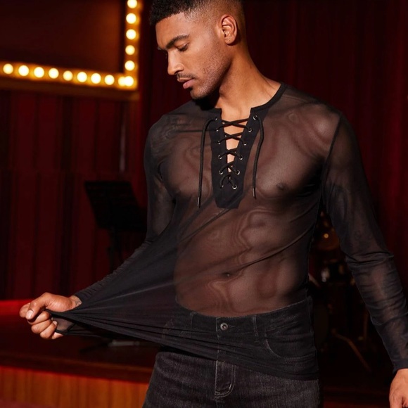 COOFANDY | Black V-Neck Lace Tie Mesh Pullover Stretch Fit Men’s Shirt - Picture 2 of 9